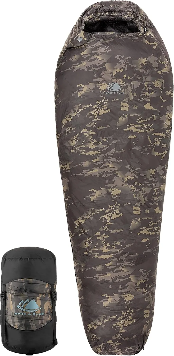 Hyke & Byke Katahdin Ranger 0 F Hiking & Backpacking Sleeping Bag - 4 Season, 625FP Ultralight Sleeping Bag - Water Resistant - Night Camo - Regular
