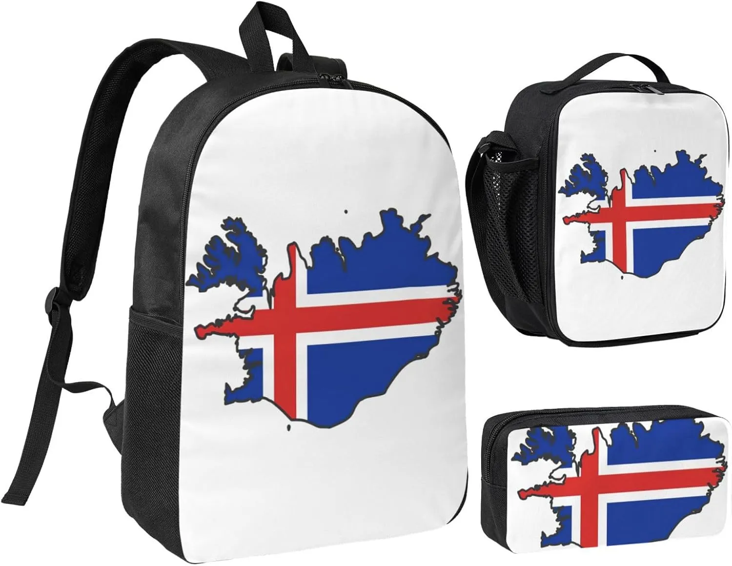 Iceland Flag Map print 3PCS Backpack for Men Women Aesthetic 17 Inches Bookbag with Lunch Box Pencil Bag