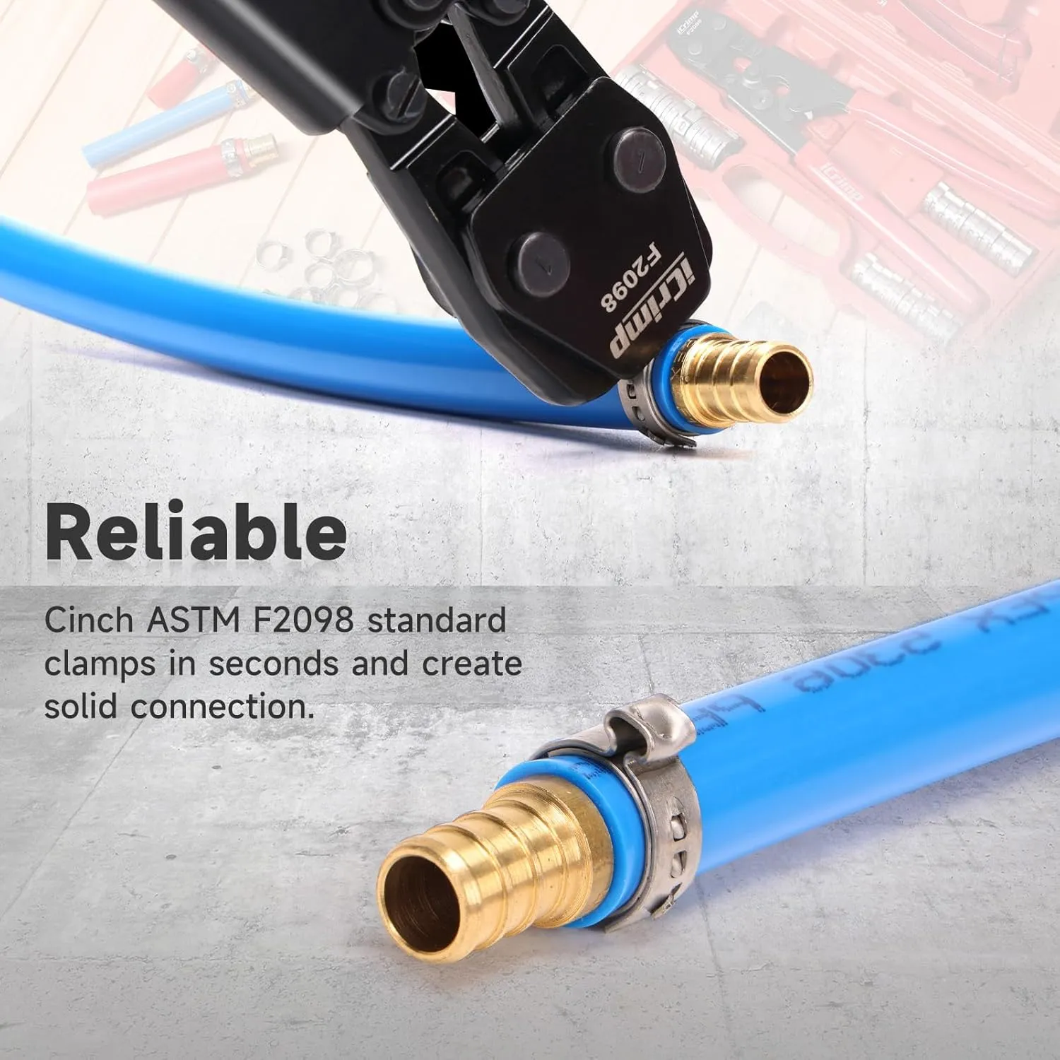 iCrimp PEX Pipe Clamp Crimping Tool Kit Cinch Crimper Tool for Stainless Steel Clamps from 3/8-inch to 1-inch with 1/2-inch 20pcs and 3/4-inch 10pcs SS PEX Clamps