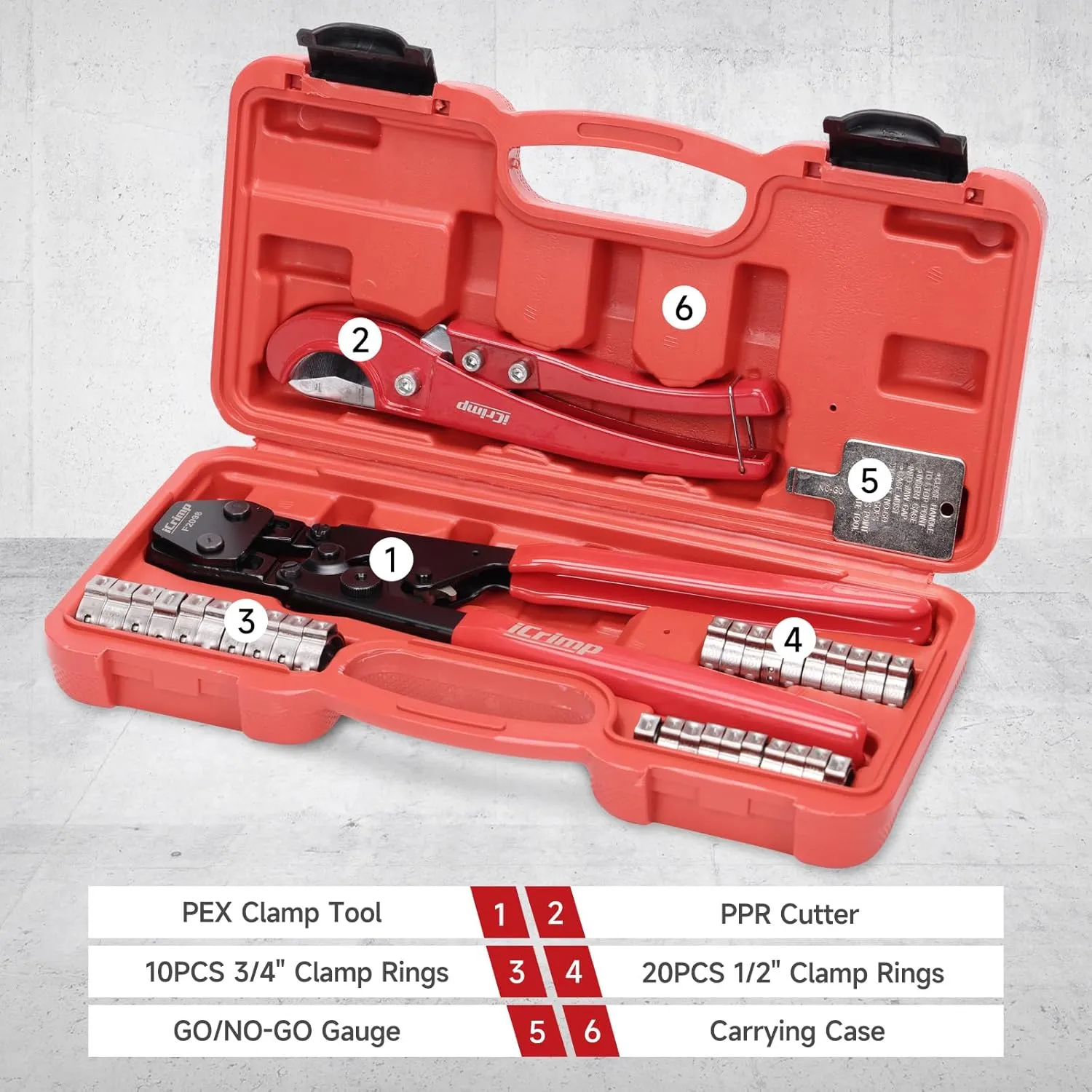 iCrimp PEX Pipe Clamp Crimping Tool Kit Cinch Crimper Tool for Stainless Steel Clamps from 3/8-inch to 1-inch with 1/2-inch 20pcs and 3/4-inch 10pcs SS PEX Clamps