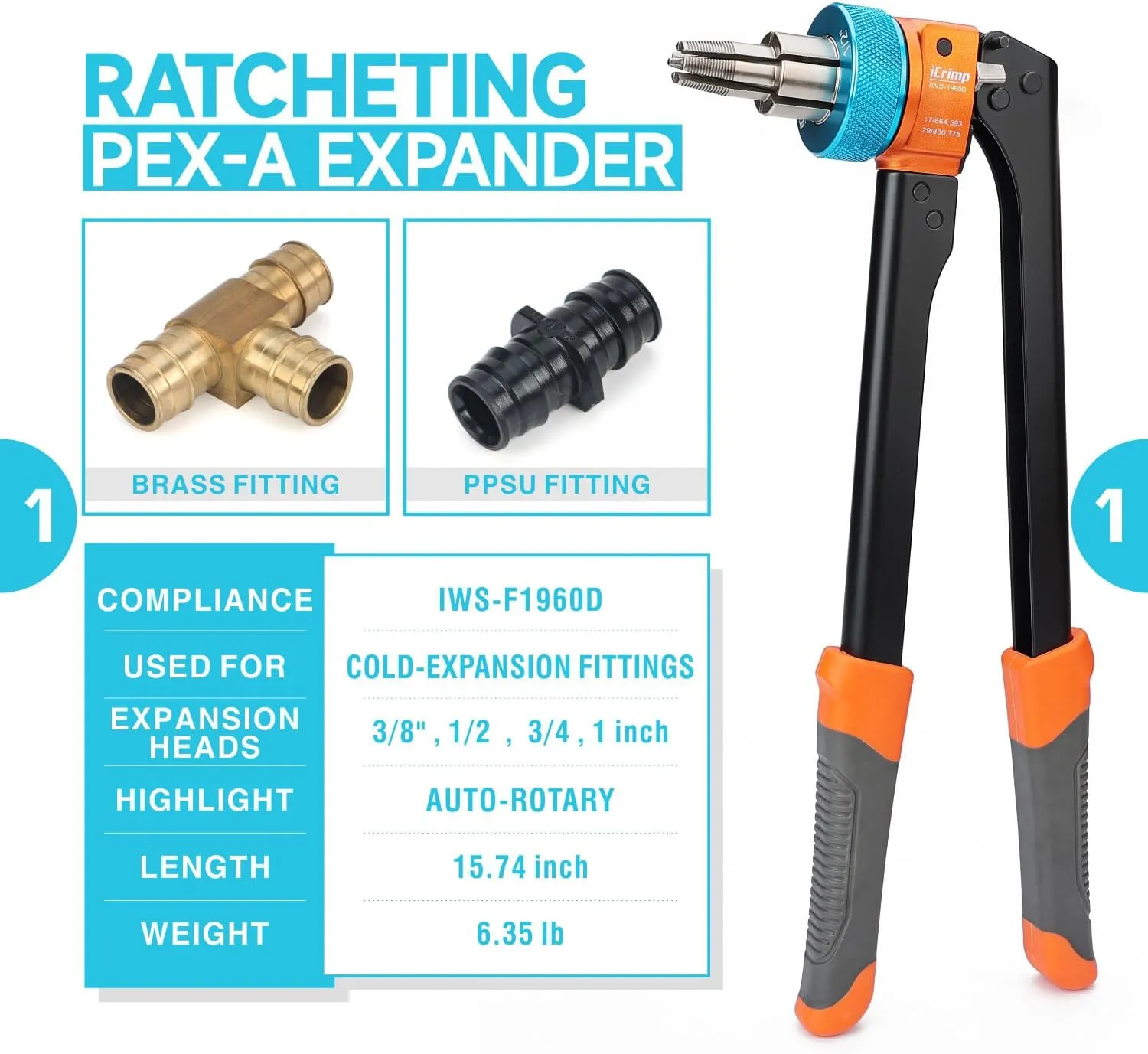 iCrimp Ratcheting Pex Expansion Tool Kit Auto Rotation PEX-a Tubing Expander, with 1/2'', 3/4'', 1'' ProPEX Expansion Heads and PEX Tubing Cutter