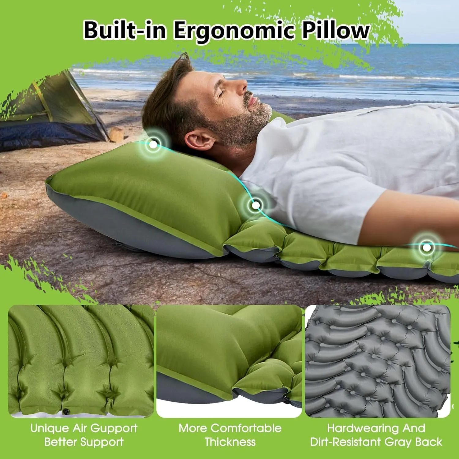 Inflatable Camping Sleeping Pad with Built-in Foot Pump & Pillow - Portable Lightweight Air Mattress for Backpacking, Hiking, Tent - Compact Travel Sleep Mat (Green)