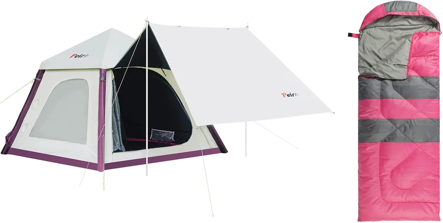 Inflatable Camping Tent, Easy Setup 4 Season Blow Up Tent   Pink Sleeping Bag for Adults