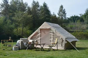 Inflatable Camping Tent Easy Setup for 4-6 Persons, Waterproof Windproof with Stove Jack, Portable House, Beige