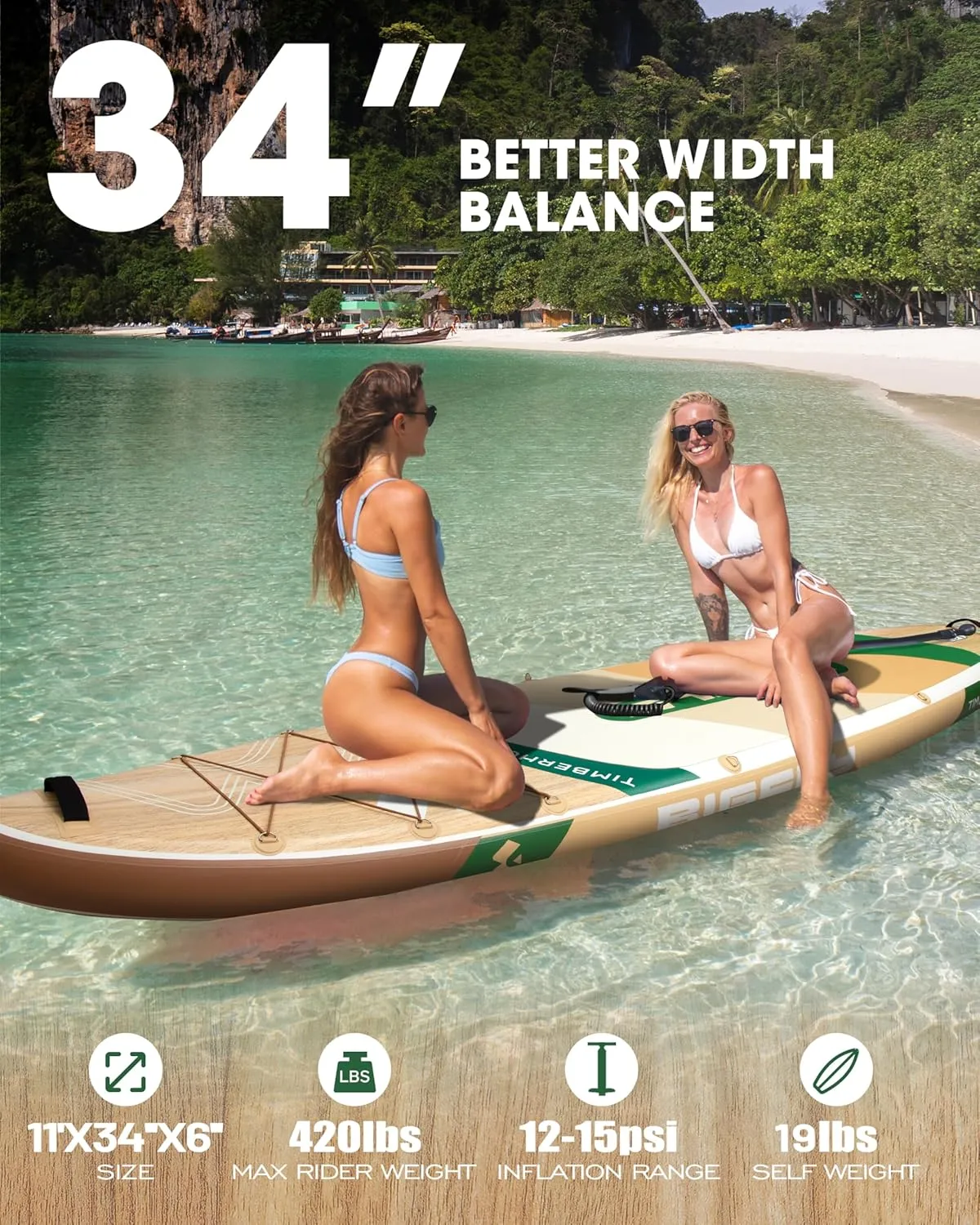Inflatable Stand Up Paddle Board 11’*34”*6”, Blow Up Paddle Board for Adults,with Detachable Fins, Pump, Floating Paddle, Safety Leash,Backpack
