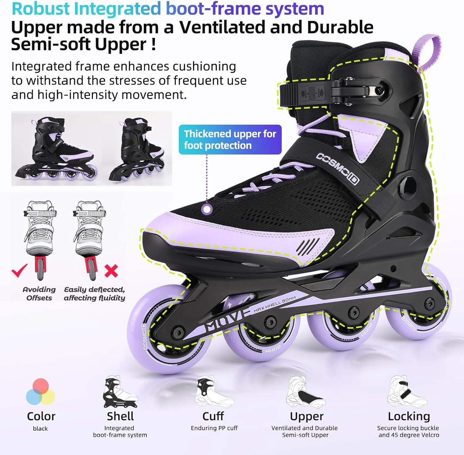 Inline Skate Women Men - COSMOID Move Professional Roller Skates Blades Adult Male Female, Indoor Outdoor and Fitness Black&Purple,Size 5-12
