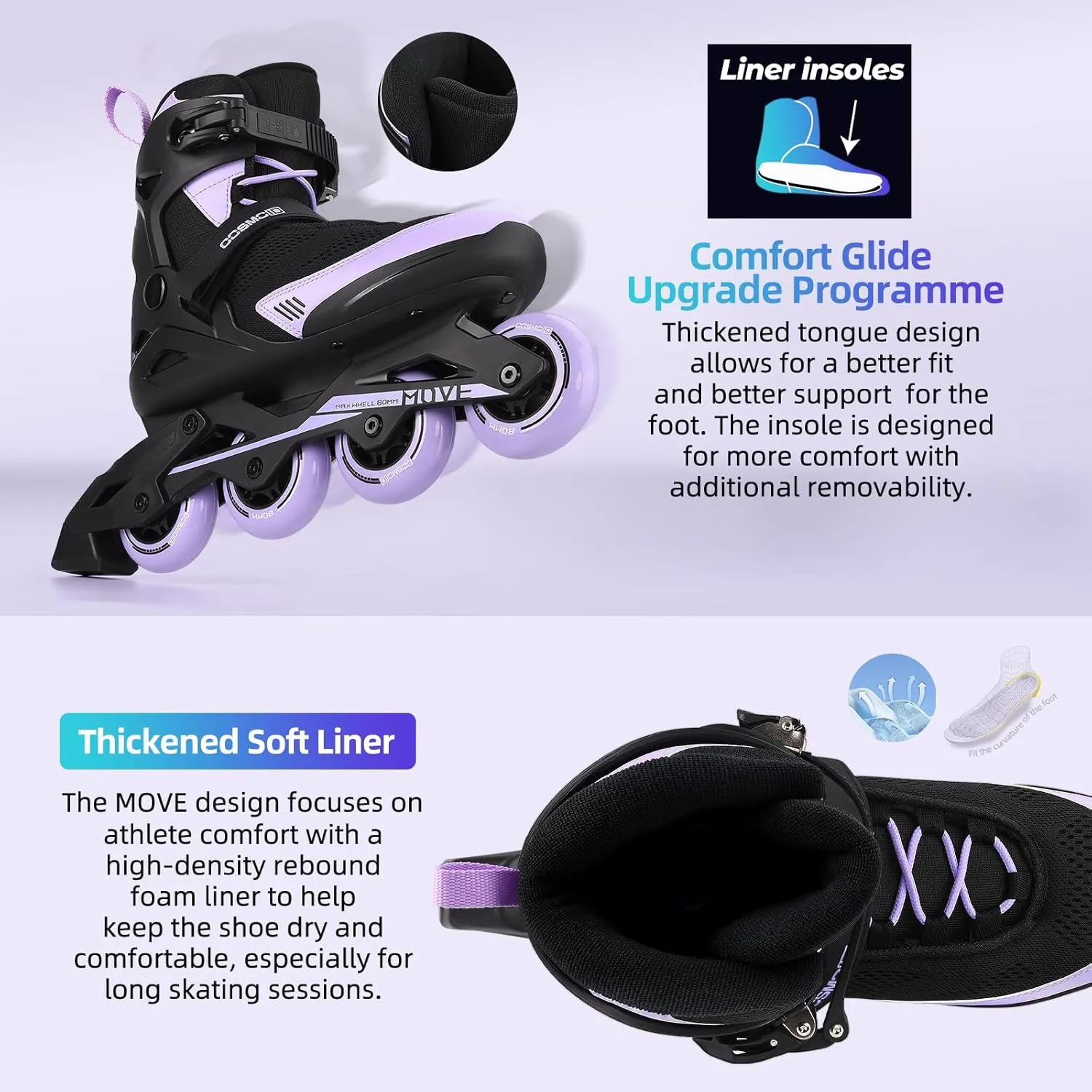 Inline Skate Women Men - COSMOID Move Professional Roller Skates Blades Adult Male Female, Indoor Outdoor and Fitness Black&Purple,Size 5-12