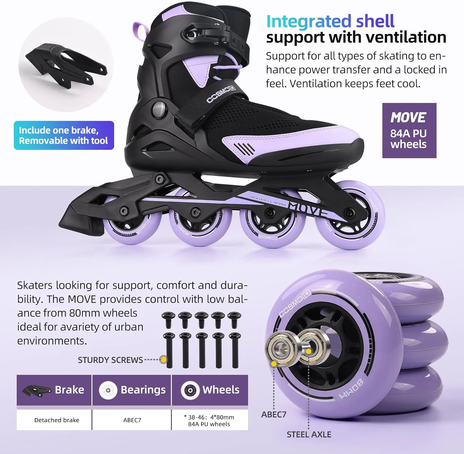 Inline Skate Women Men - COSMOID Move Professional Roller Skates Blades Adult Male Female, Indoor Outdoor and Fitness Black&Purple,Size 5-12