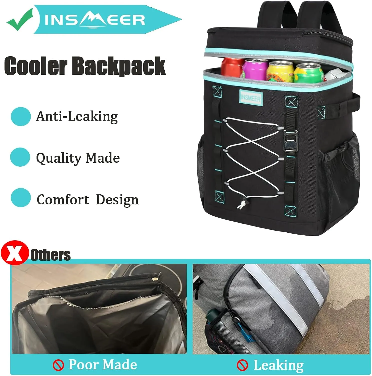 INSMEER Cooler Backpack, 32Cans/24L Large Backpack Cooler, Collapsible Soft Cooler Bag with Leakproof and Water-Resistant- Ideal for Beach, Travel, Picnic, Hiking, and Grocery Shopping