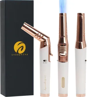inZaynity Pen Torch Lighter - Windproof Jet Flame, Tiltable Head & Refillable Butane Torch with Adjustable Flame - Compact & Portable Lighters for Candle, Cooking, BBQ, Camping & DIY - White & Gold