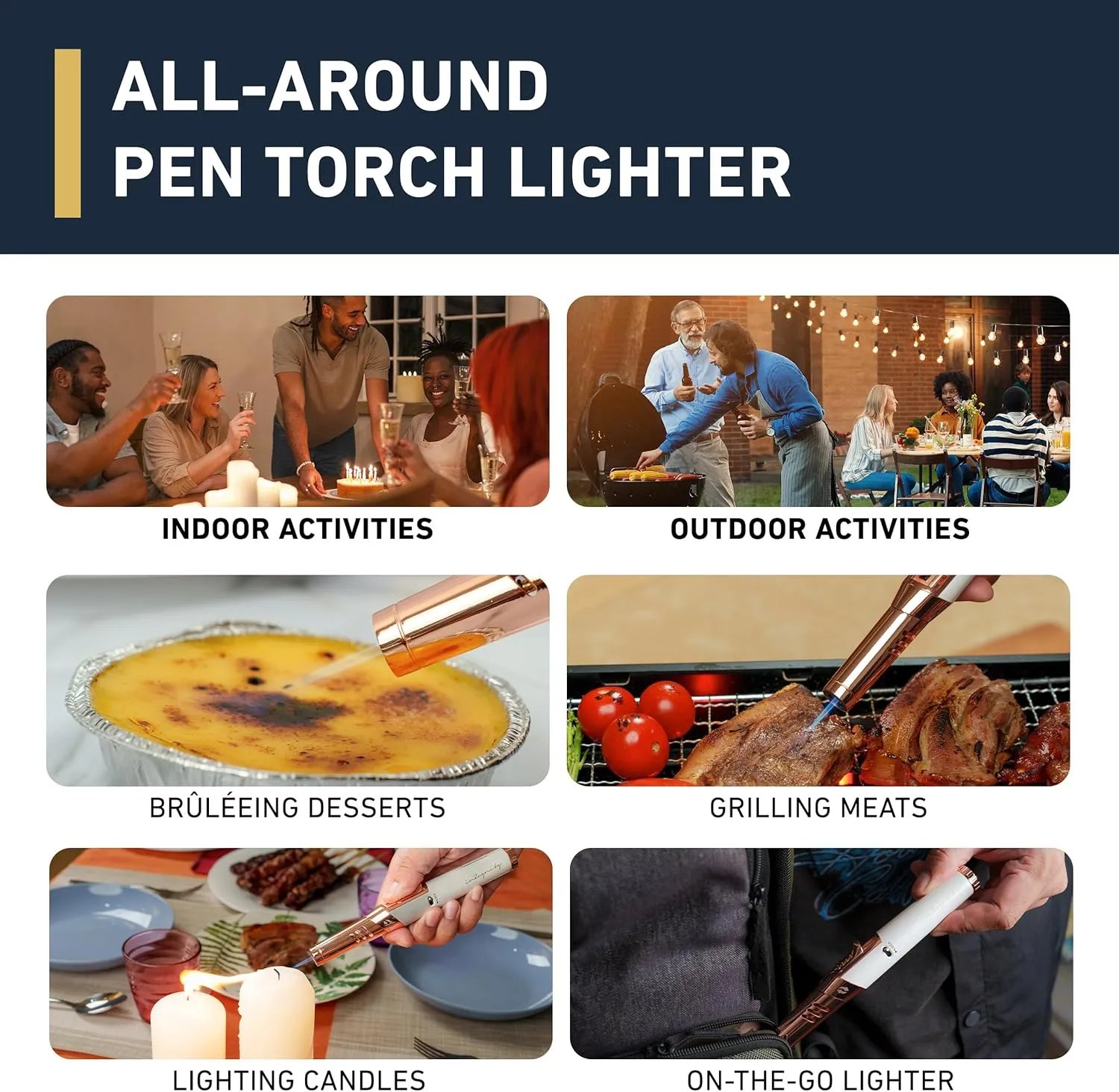 inZaynity Pen Torch Lighter - Windproof Jet Flame, Tiltable Head & Refillable Butane Torch with Adjustable Flame - Compact & Portable Lighters for Candle, Cooking, BBQ, Camping & DIY - White & Gold