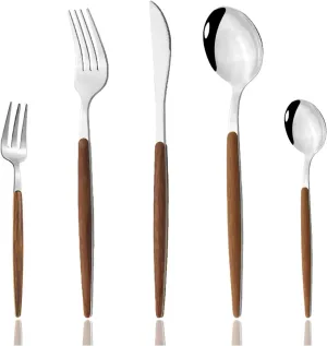 JASHII 30pcs Flatware Cutlery Set Service for 6, Stainless Steel Silverware Set with Imitated Wooden Handle, Tableware Sets Including Forks Spoons Knives - Shiny Silver