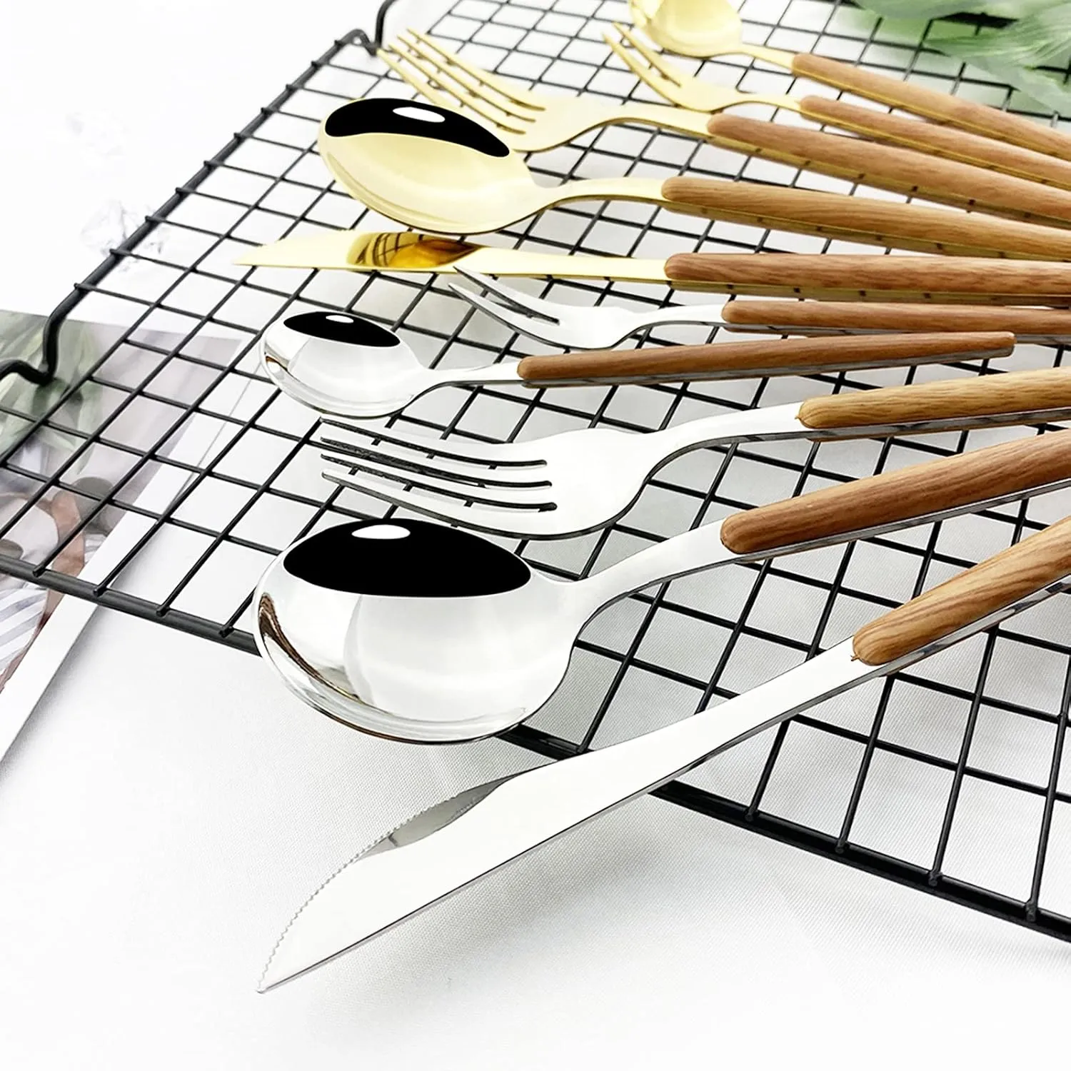 JASHII 30pcs Flatware Cutlery Set Service for 6, Stainless Steel Silverware Set with Imitated Wooden Handle, Tableware Sets Including Forks Spoons Knives - Shiny Silver