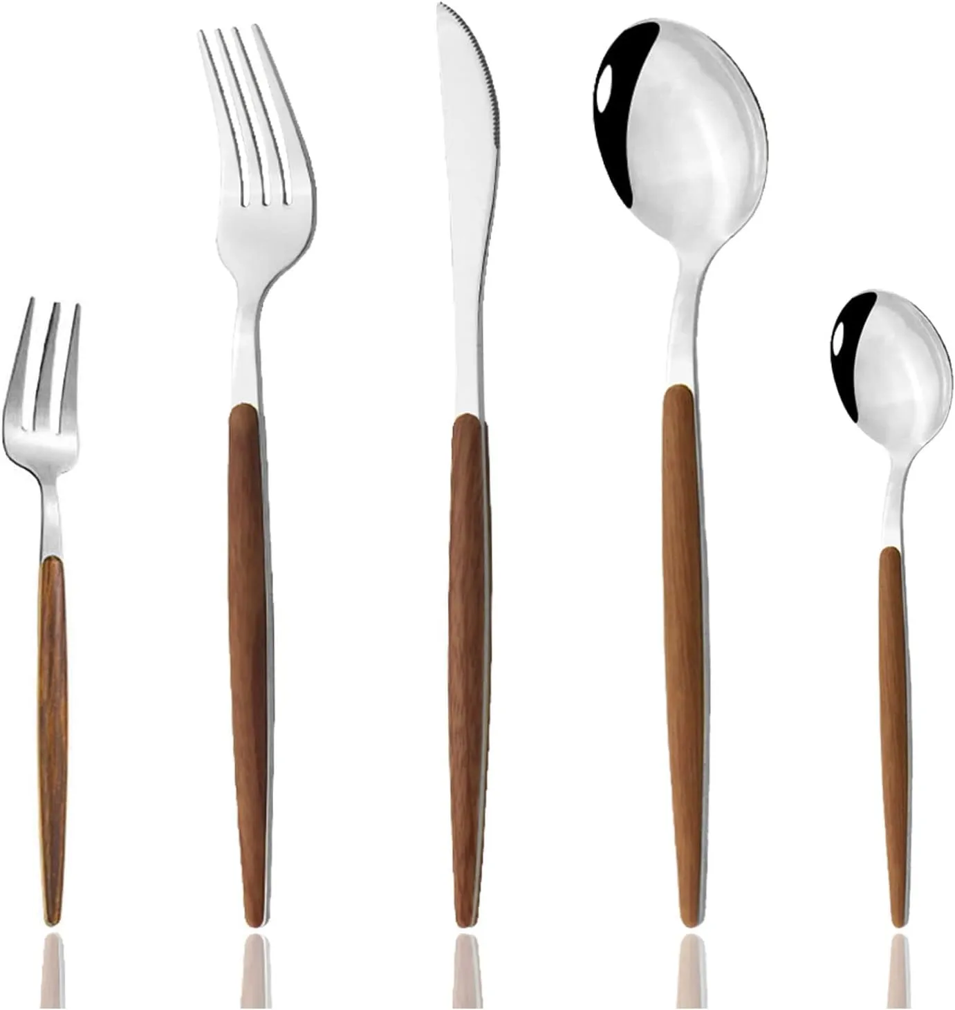 JASHII 30pcs Flatware Cutlery Set Service for 6, Stainless Steel Silverware Set with Imitated Wooden Handle, Tableware Sets Including Forks Spoons Knives - Shiny Silver