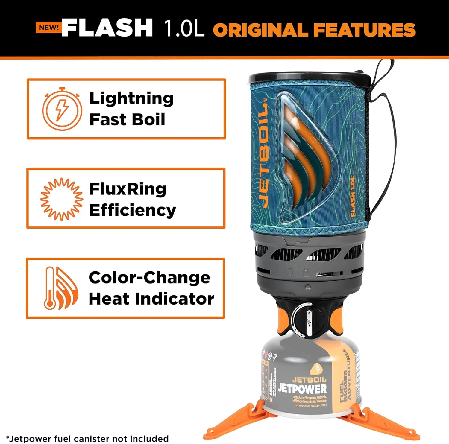 Jetboil Flash 1.0L Portable Fast Boil Stove for Camping and Backpacking with 1-Step Auto Ignition, New for 2025, Propane/Isobutane Burner with Cooking Cup
