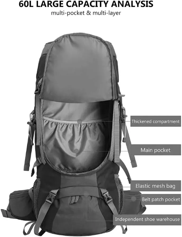 JSEIAJB 60L Large Hiking Mountaineering Backpack Climbing Hiking Backpack Camping Backpack Sport Outdoor Bag