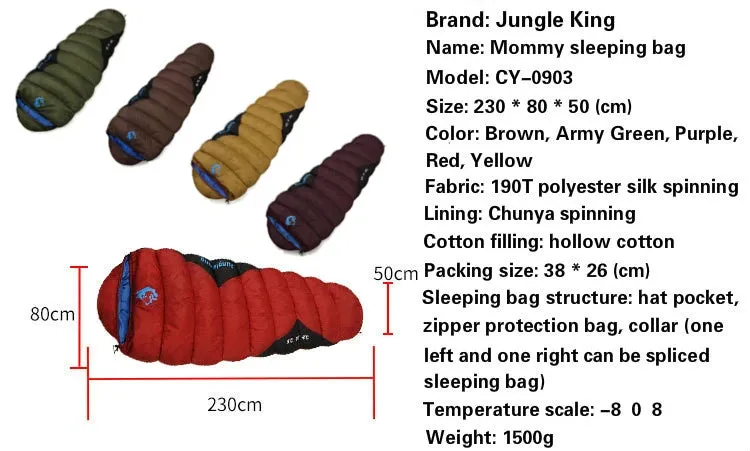 JUNGLE KING CY0903 Thickened Waterproof Cotton Sleeping Bag for Winter Camping and Hiking