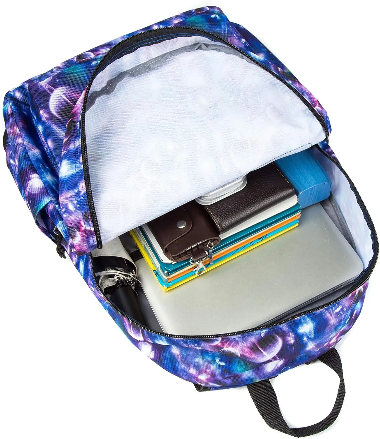 K-Cliffs Classic Backpack Basic Student Campus Daypack Simple Travel Rucksack with Chromebook Laptop Pocket Water Bottle Holder Padded Straps Printed Purple Galaxy Bubble Pattern
