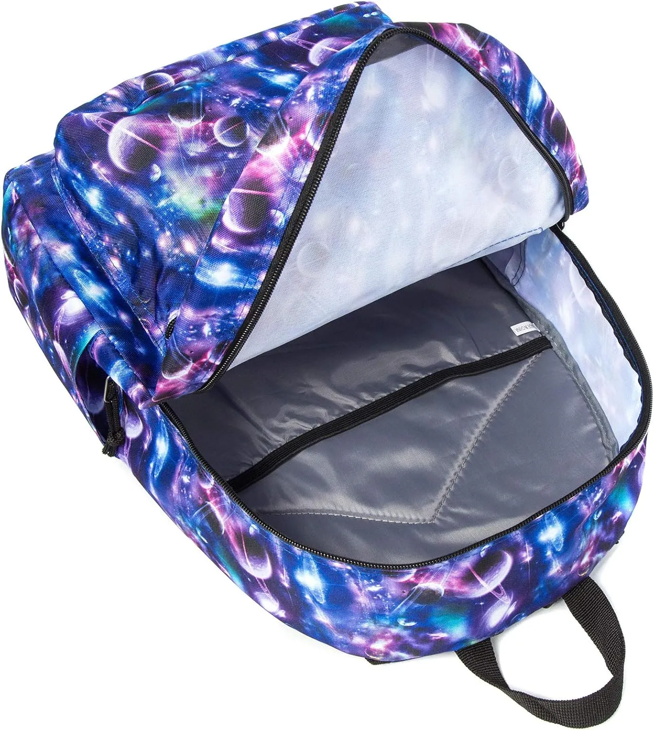 K-Cliffs Classic Backpack Basic Student Campus Daypack Simple Travel Rucksack with Chromebook Laptop Pocket Water Bottle Holder Padded Straps Printed Purple Galaxy Bubble Pattern