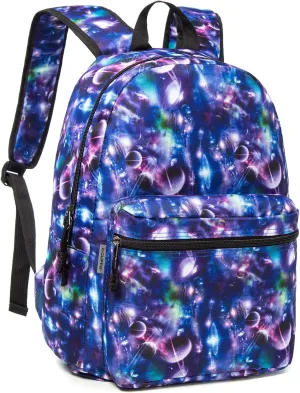 K-Cliffs Classic Backpack Basic Student Campus Daypack Simple Travel Rucksack with Chromebook Laptop Pocket Water Bottle Holder Padded Straps Printed Purple Galaxy Bubble Pattern