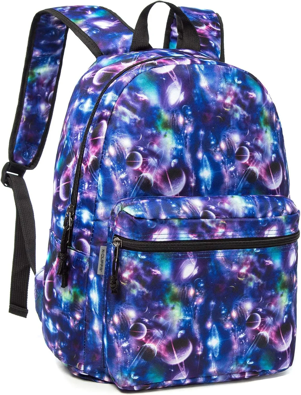 K-Cliffs Classic Backpack Basic Student Campus Daypack Simple Travel Rucksack with Chromebook Laptop Pocket Water Bottle Holder Padded Straps Printed Purple Galaxy Bubble Pattern