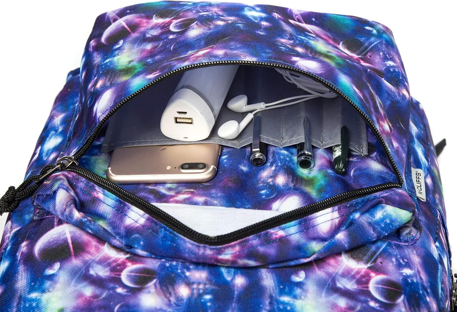 K-Cliffs Classic Backpack Basic Student Campus Daypack Simple Travel Rucksack with Chromebook Laptop Pocket Water Bottle Holder Padded Straps Printed Purple Galaxy Bubble Pattern