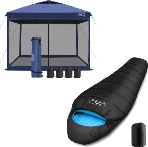 KAMPKEEPER 10x10 Pop Up Canopy with Mosquito Netting, Screen Tent with Mesh Sides(Navy Blue) Mummy Sleeping Bag for Adults,3-4 Seasons Cold Weather(Black & Blue)