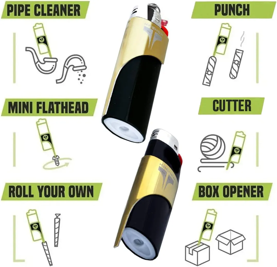 Kasher Classic Multi-Tool Lighter Case with Lighter - Lightweight, Durable Construction, Portable - Stainless Steel Accessory with Versatile Usage as Cutter for Opening Packages - Pack of 10 (Gold)