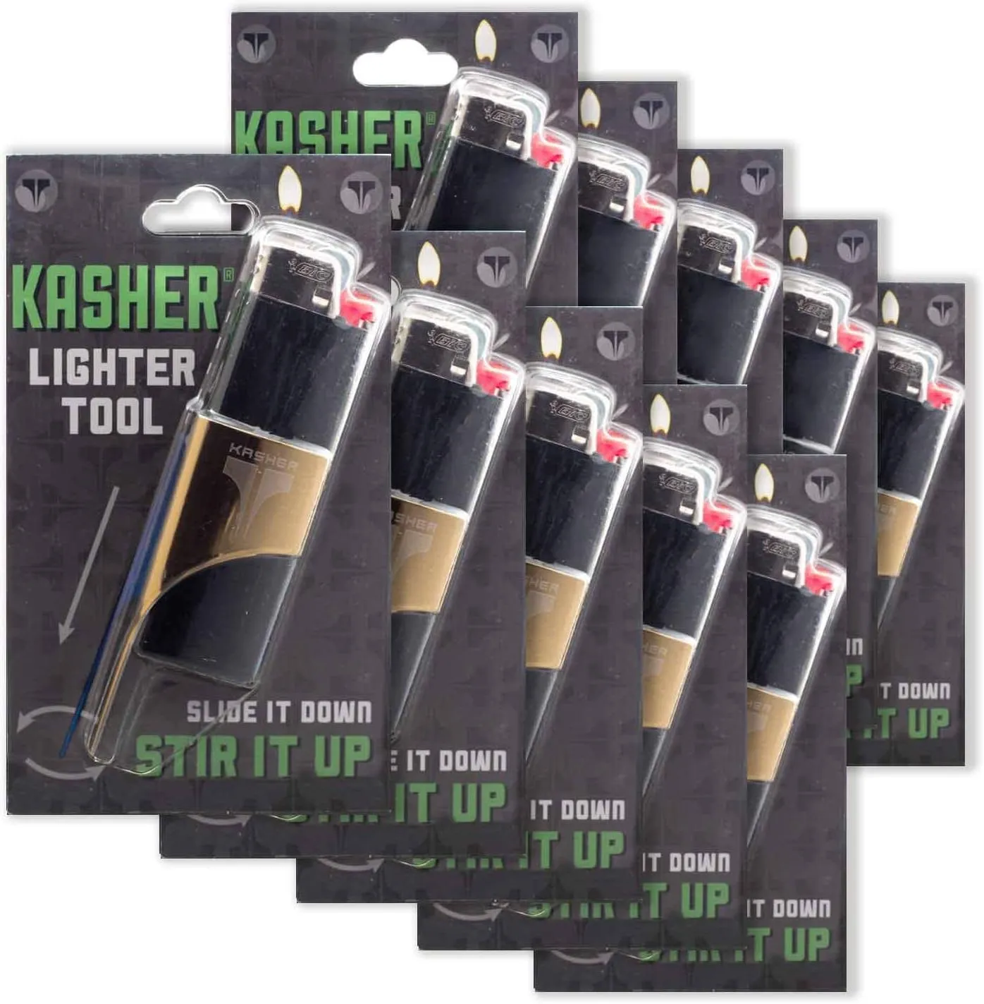 Kasher Classic Multi-Tool Lighter Case with Lighter - Lightweight, Durable Construction, Portable - Stainless Steel Accessory with Versatile Usage as Cutter for Opening Packages - Pack of 10 (Gold)
