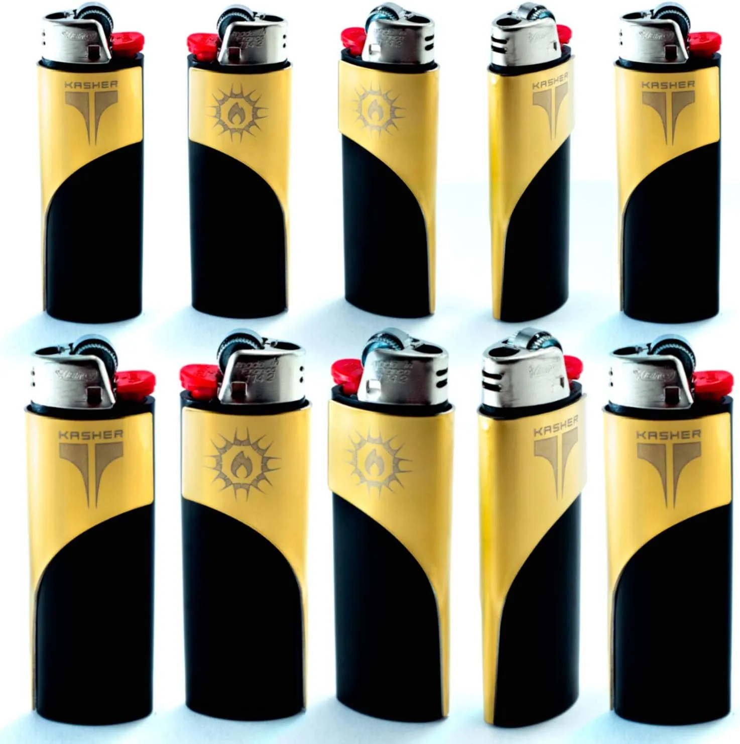 Kasher Classic Multi-Tool Lighter Case with Lighter - Lightweight, Durable Construction, Portable - Stainless Steel Accessory with Versatile Usage as Cutter for Opening Packages - Pack of 10 (Gold)