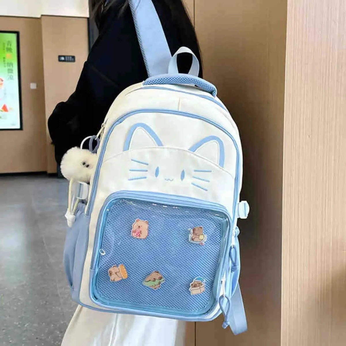 Kawaii Cat Ita Bag Backpack with Pin Badge Display Stylish Travel Bag for Women, Lightweight Design for Fashion Lovers (Brown)