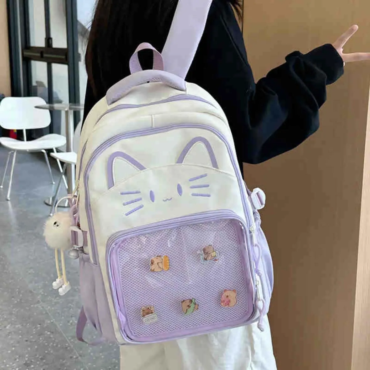 Kawaii Cat Ita Bag Backpack with Pin Badge Display Stylish Travel Bag for Women, Lightweight Design for Fashion Lovers (Brown)