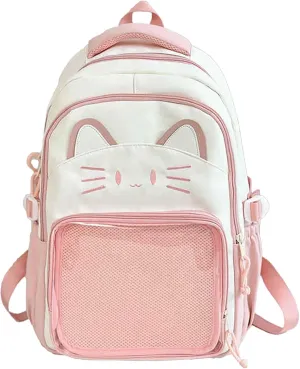 Kawaii Cat Ita Bag Backpack with Pin Badge Display Stylish Travel Bag for Women, Lightweight Design for Fashion Lovers (Pink)
