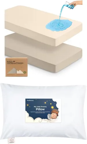 KeaBabies 2-Pack Waterproof Baby Crib Mattress Protector Cover and Toddler Pillow for Boys, Girls - Soft Cotton Protector for Kids Mattress - Kiddy Pillow for Sleeping