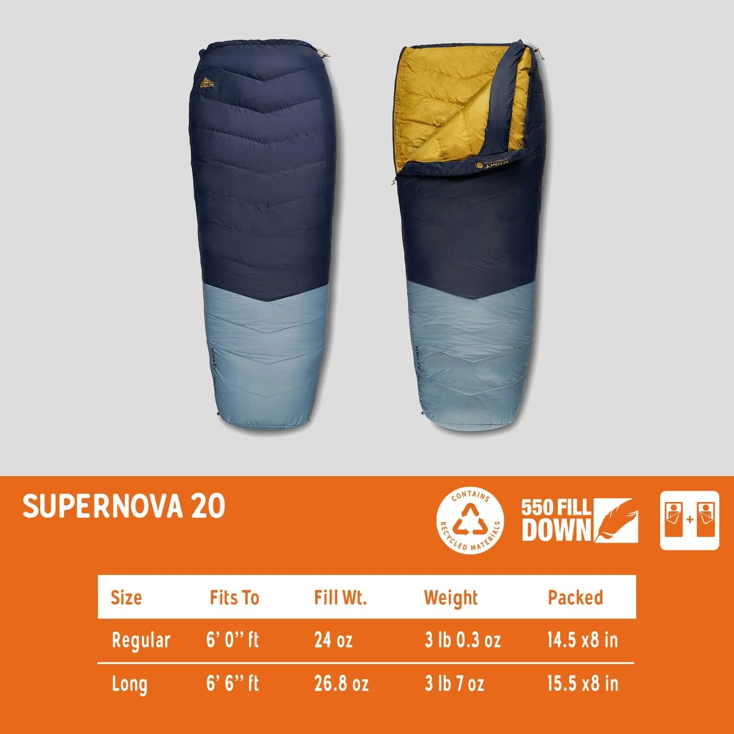 Kelty Supernova Down Sleeping Bag, Compact   Lightweight, Roomy Shape for All Body Types and Sleep Positions, Recycled Shell Fabrics