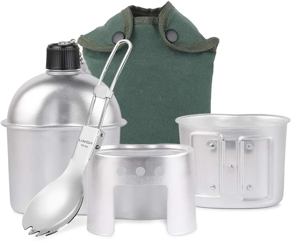 Kettle, 4pcs Cookware Set Aluminum Military Canteen Cup Wood Stove Set with Foldable Spork and Cover Bag for Camping Hiking Backpacking, Silver