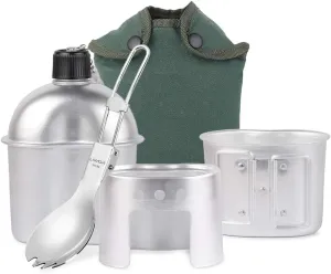 Kettle, 4pcs Cookware Set Aluminum Military Canteen Cup Wood Stove Set with Foldable Spork and Cover Bag for Camping Hiking Backpacking, Silver