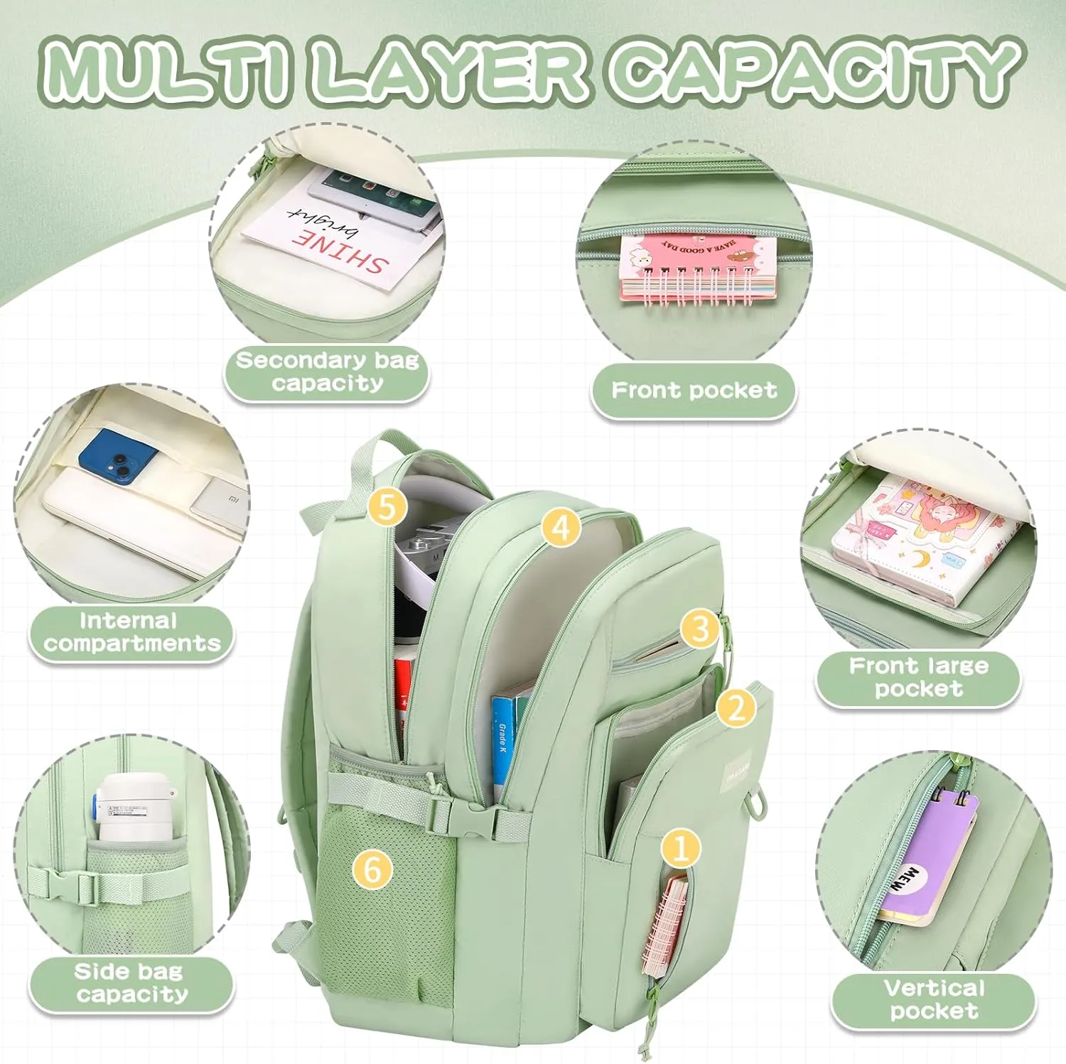 Kids Backpack for School Cute Aesthetic Green Backpack Girls Student Bookbag Women Travel Lightweight Book Bag