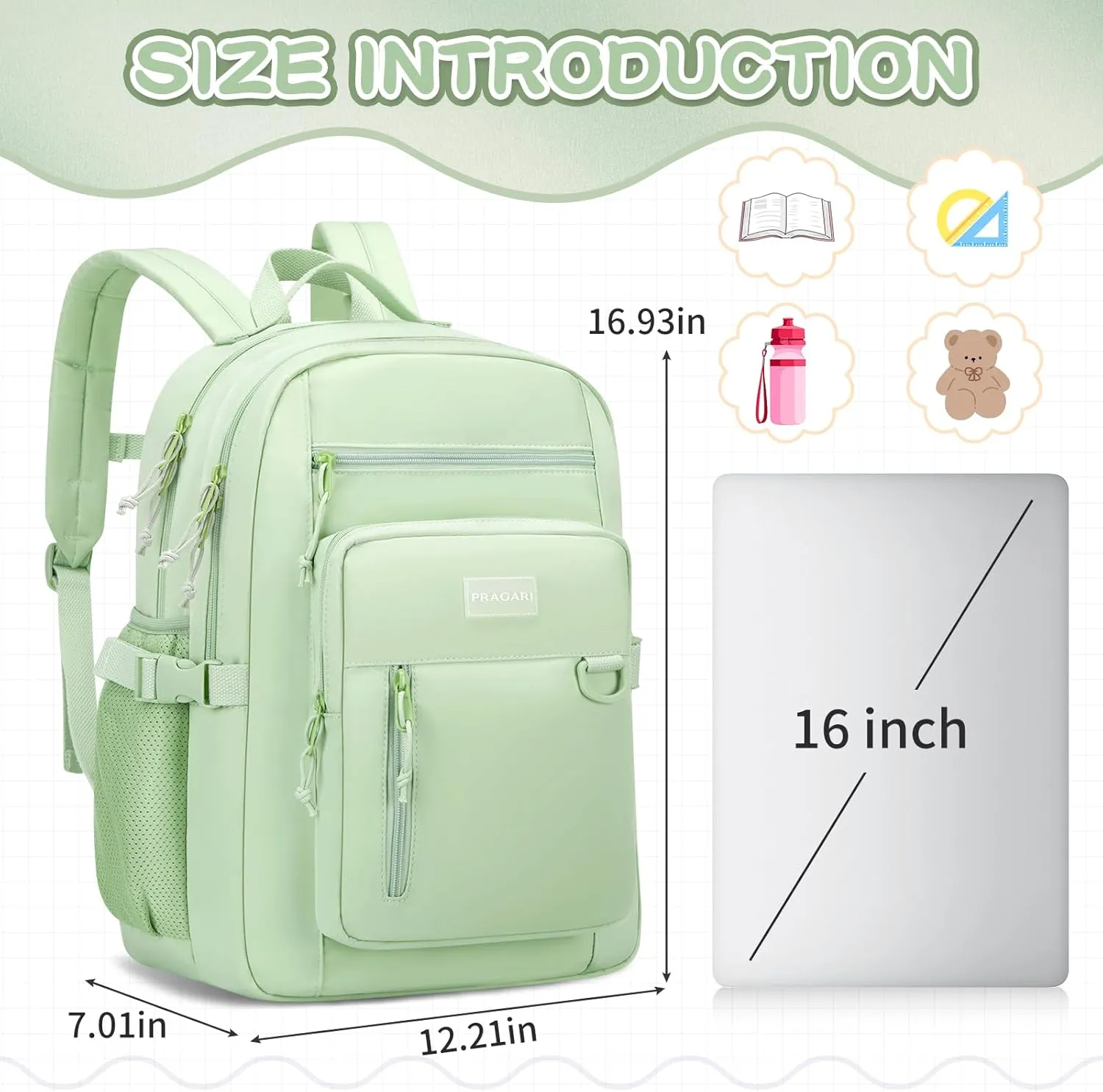 Kids Backpack for School Cute Aesthetic Green Backpack Girls Student Bookbag Women Travel Lightweight Book Bag