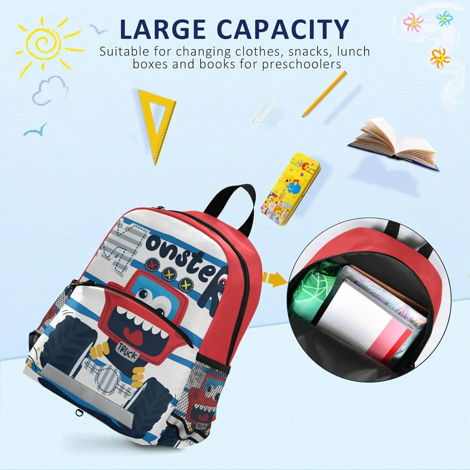Kids Backpack,Funny Cute Red Monster Truck Lightweight Preschool Backpack for Toddlers Boys Girls with Chest clip