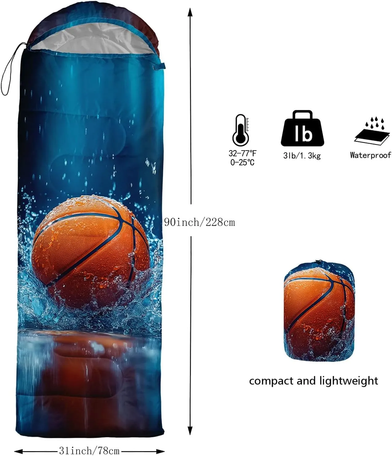 Kids Sleeping Bag for Boys Girls,3D Basketball Print-Lightweight Warm Portable Outdoor Indoor-Waterproof Cold Weather Resistant Sleeping Bag for Camping Hiking