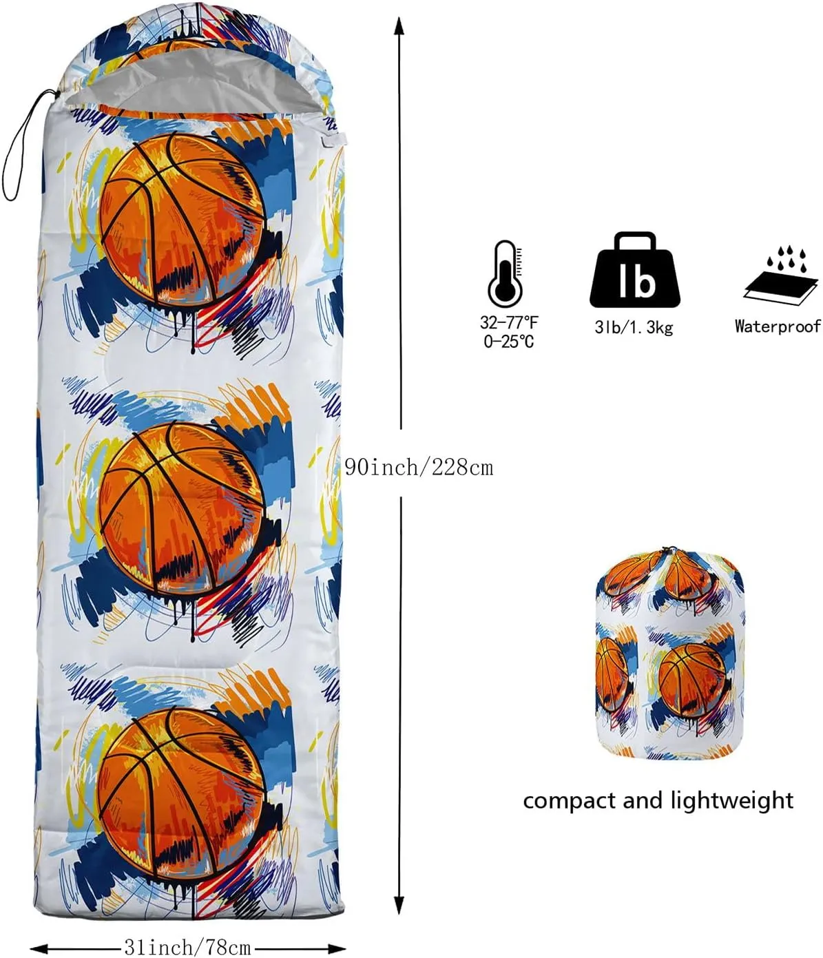Kids Sleeping Bag for Boys Girls,Basketball Print-Lightweight Warm Portable Outdoor Indoor-Waterproof Cold Weather Resistant Sleeping Bag for Camping Hiking