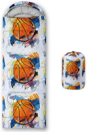 Kids Sleeping Bag for Boys Girls,Basketball Print-Lightweight Warm Portable Outdoor Indoor-Waterproof Cold Weather Resistant Sleeping Bag for Camping Hiking