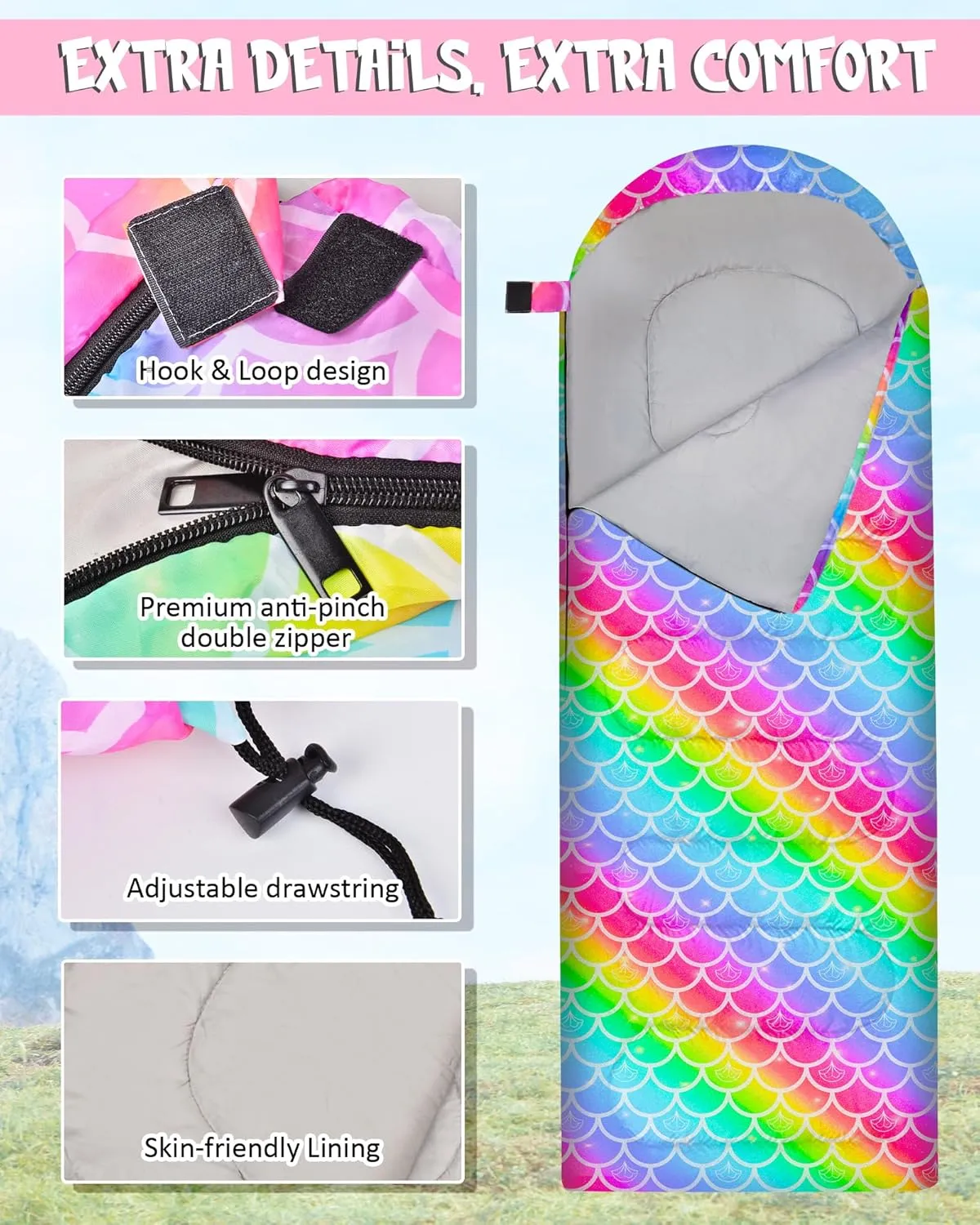 Kids Sleeping Bag for Kids Girls, 3 Season Warm & Cool Weather Lightweight Waterproof Camping Sleeping Bag with Carry Bag for Camping Hiking Traveling Outdoor Indoor