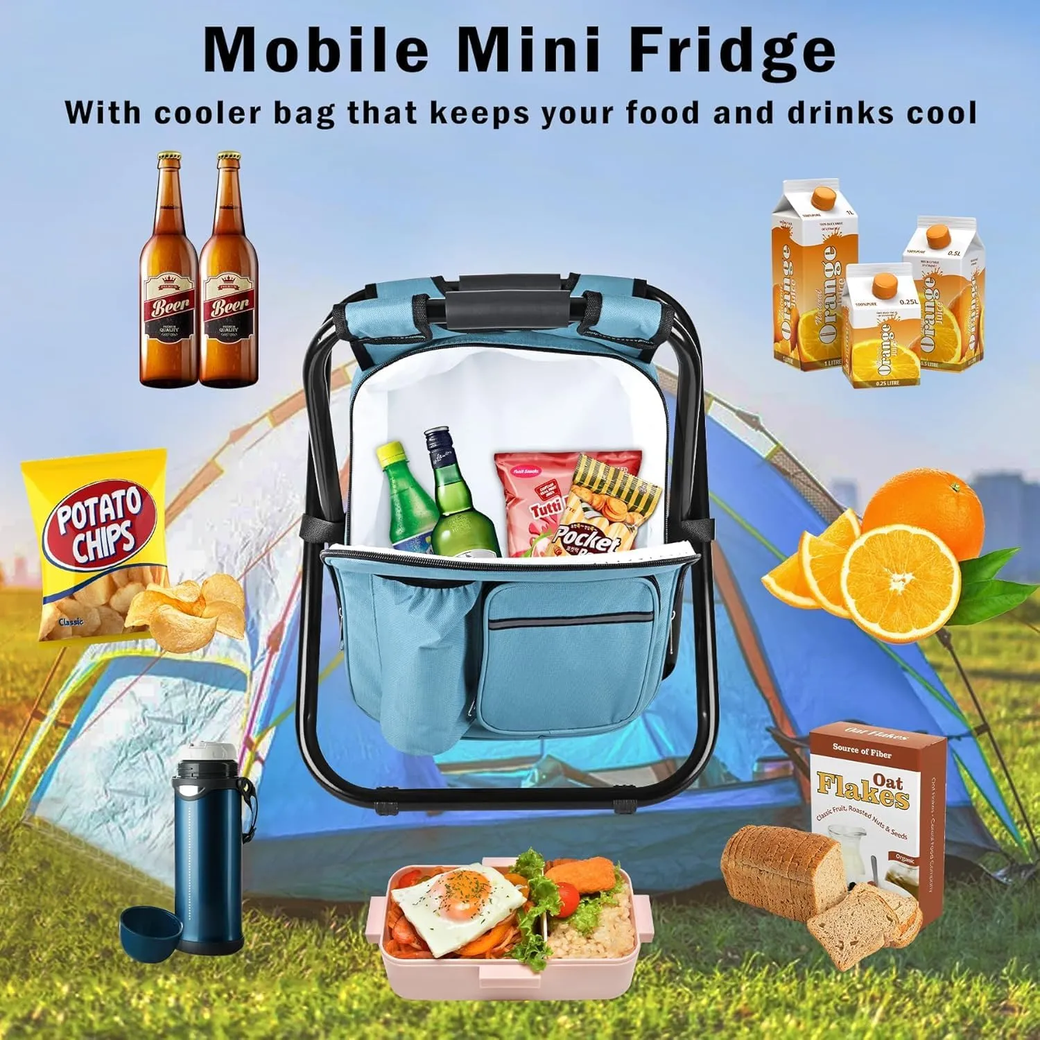 Kikerike Backpack Stool Cooler Chair Heavy Duty 400 LBS Max Load Portable Lightweight Folding Fishing Cooler for Camping Hunting Fishing - Sky Blue