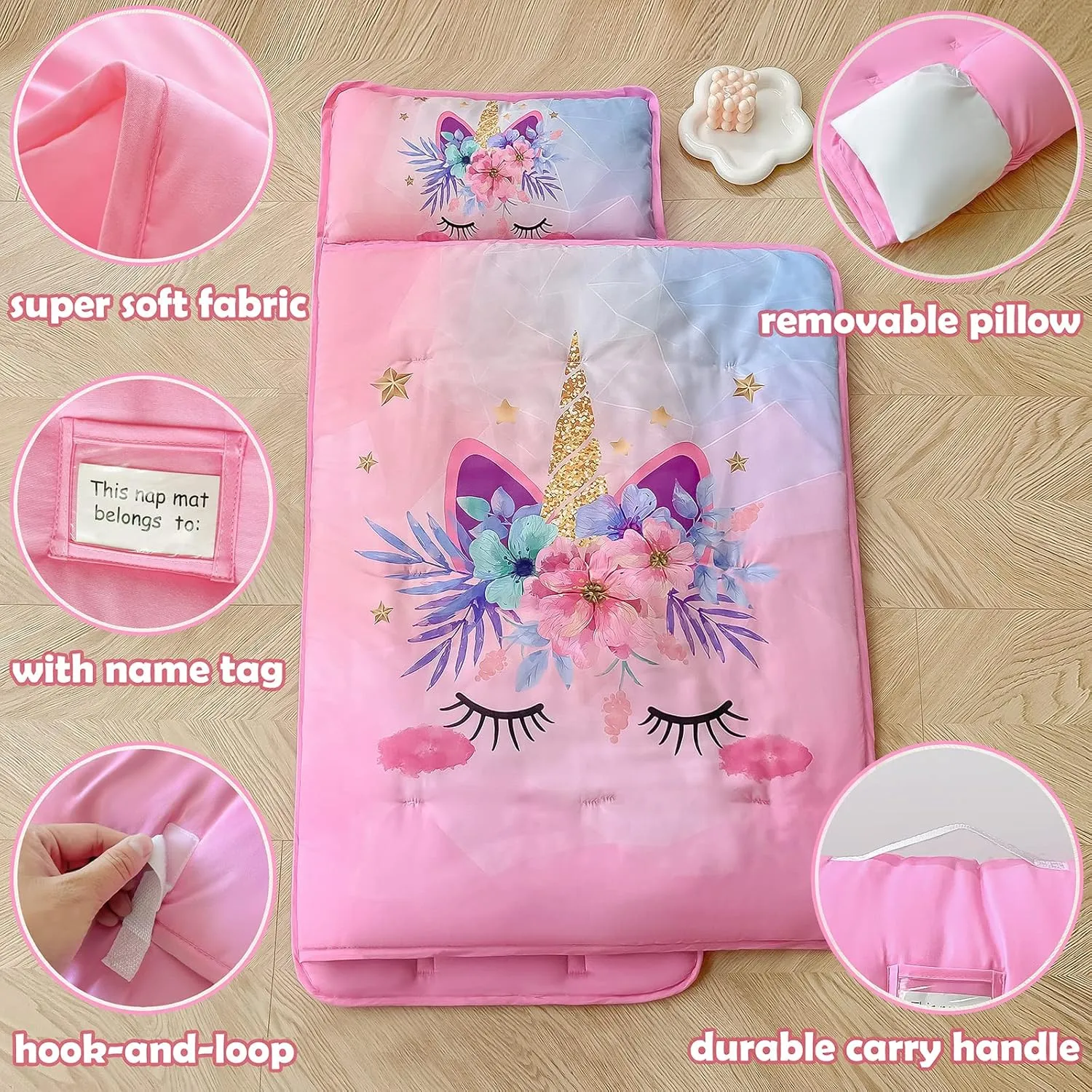 KINBEDY Toddler Nap Mats for Preschool Daycare Pink Unicorn Kids Sleeping Bag with Pillow and Blanket, Toddlers Girls Sleeping Mats Roll up Nap Pad Toddler Sleep Mat for Travel Camping
