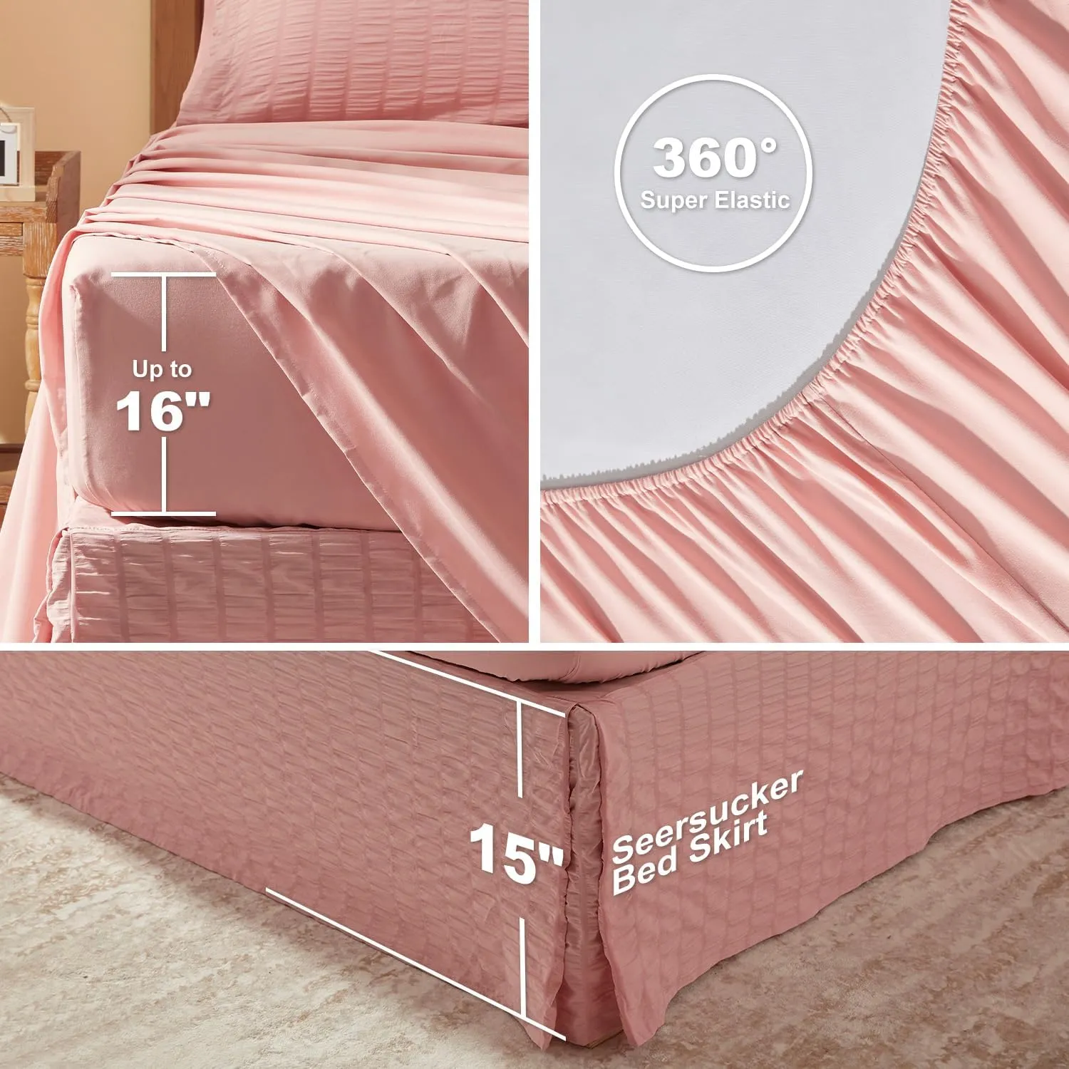 King Size Comforter Set 8 Pieces - Pink Seersucker Bed in a Bag with Sheets, Comforters King Size Bedding Sets with Comforter, Sheets, Pillowcase & Sham and Bed Skirt