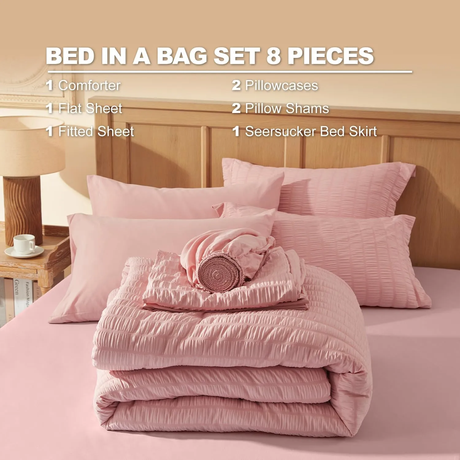 King Size Comforter Set 8 Pieces - Pink Seersucker Bed in a Bag with Sheets, Comforters King Size Bedding Sets with Comforter, Sheets, Pillowcase & Sham and Bed Skirt