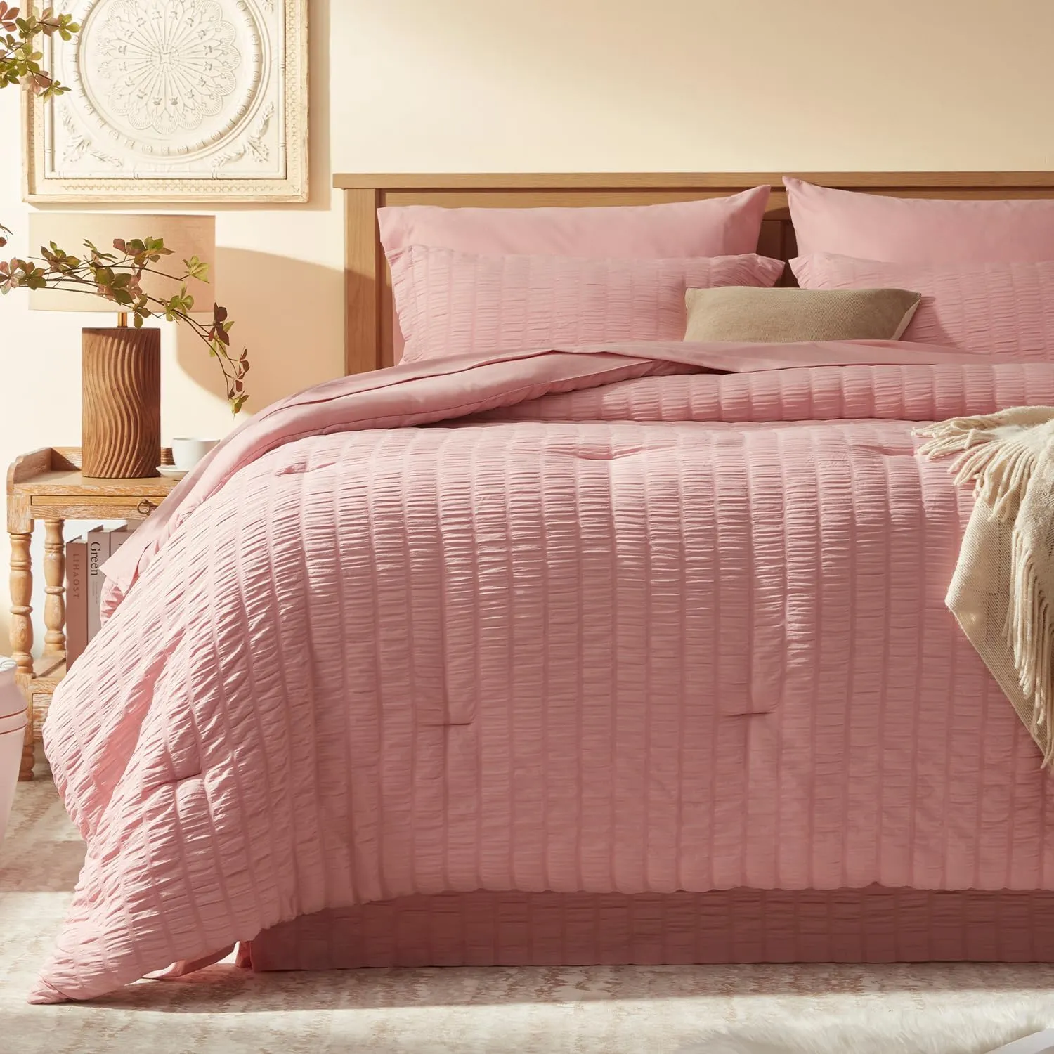 King Size Comforter Set 8 Pieces - Pink Seersucker Bed in a Bag with Sheets, Comforters King Size Bedding Sets with Comforter, Sheets, Pillowcase & Sham and Bed Skirt