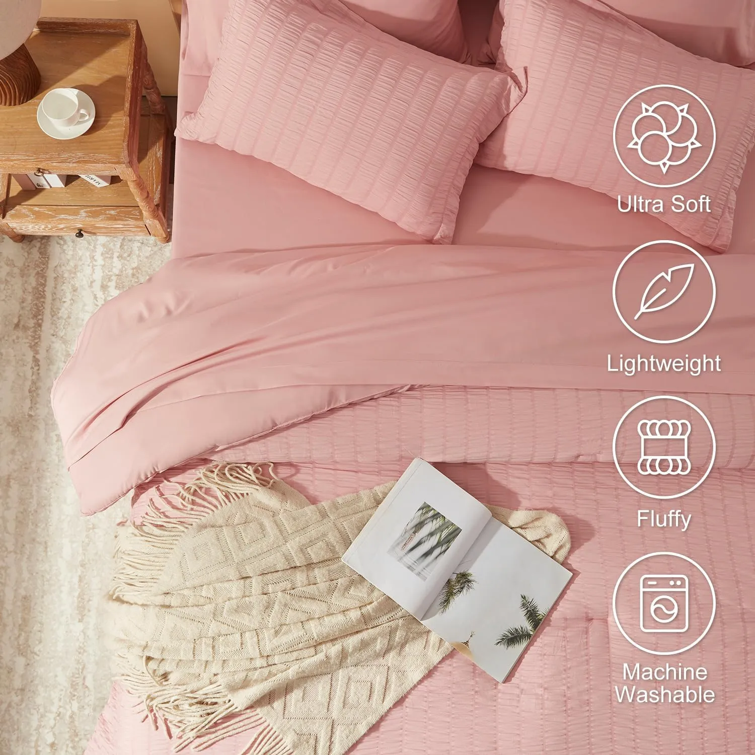 King Size Comforter Set 8 Pieces - Pink Seersucker Bed in a Bag with Sheets, Comforters King Size Bedding Sets with Comforter, Sheets, Pillowcase & Sham and Bed Skirt